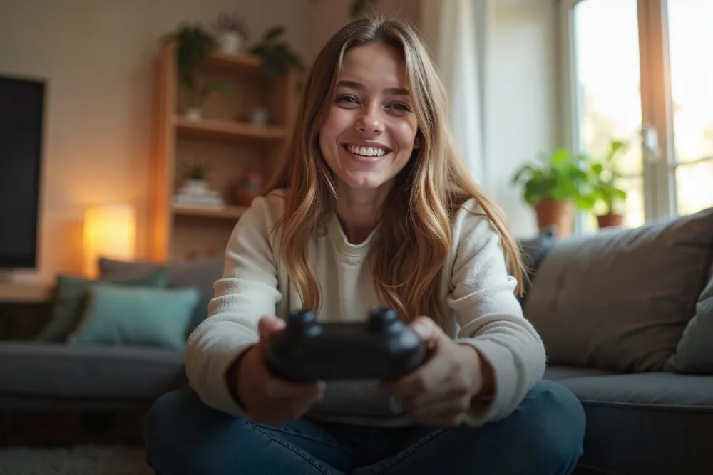 Wireless Broadband person sitting on a sofa playing video games